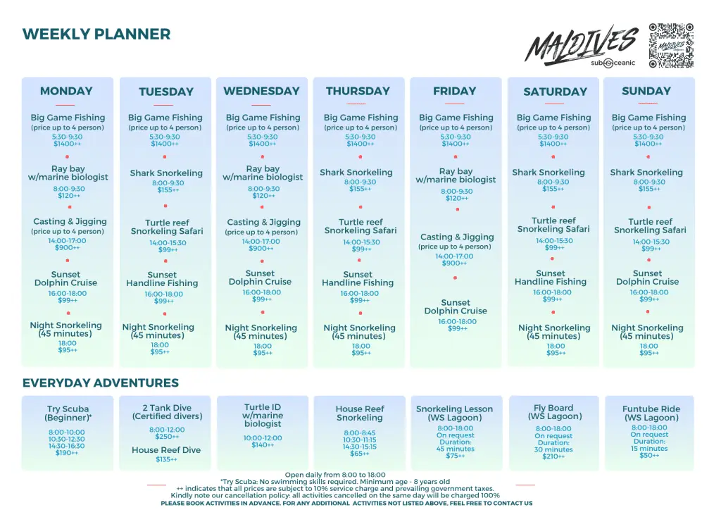 This Graphic shows the weekly Diving & Watersports Activity Schedule for Sub Oceanic at Le Meriden Maldives