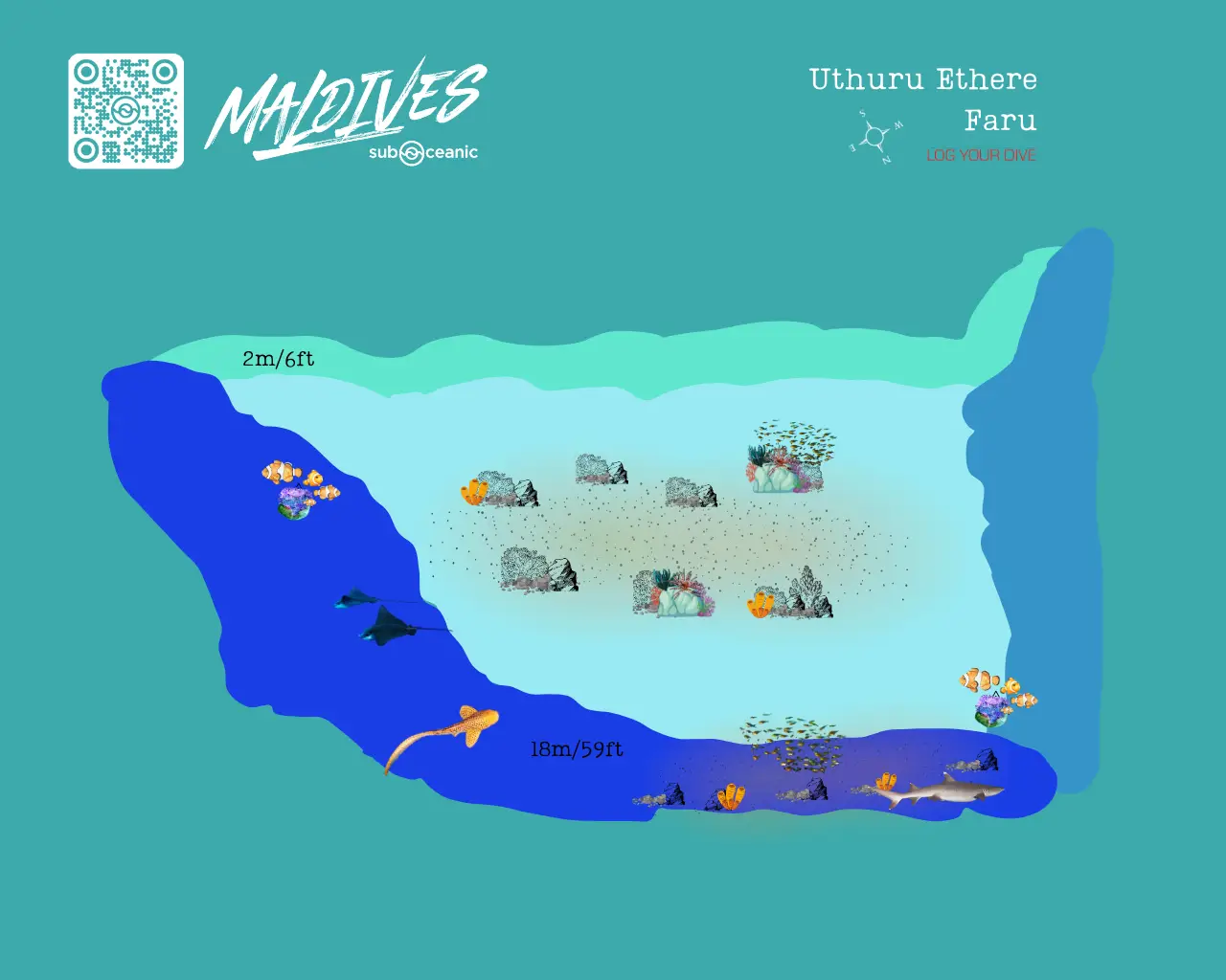 Uthuru Ethere Faru Dive Site Map - An easy and colorful Reef located in North Male Atoll. 10 MInutes away from Hilton Maldives Amingiri