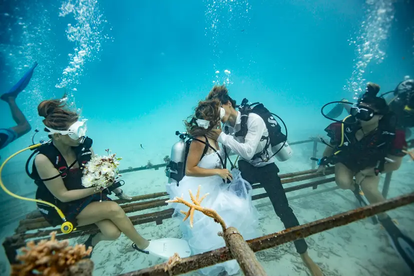 Wedding crowd is watching the newly married couple kissing underwater.